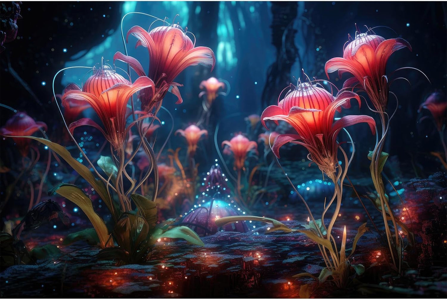 Aquarium Background Beautiful Red Translucent Flowers Terrarium Background Abstract Fantasy Plants Underwater World Tank Poster Glowing Flowers Foggy Forest Fish Tank Background Decors Vinyl 48x20in