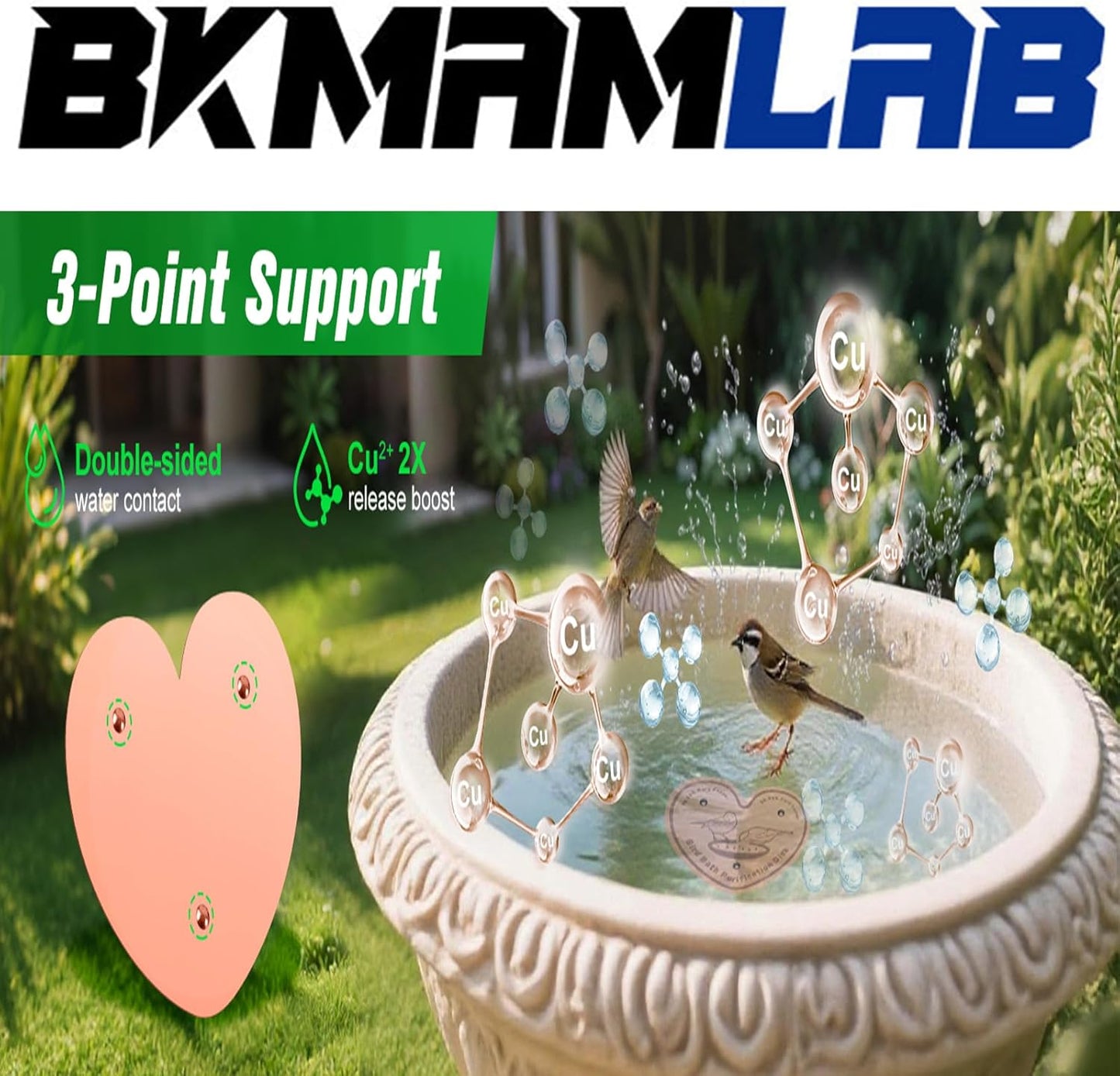 3-Pack 99.99% Pure Copper Bird Bath Purification Disk,Copper Disc with Stable Triple-Point Support,Fits All Outdoor Bird Baths(Heart-Shaped)