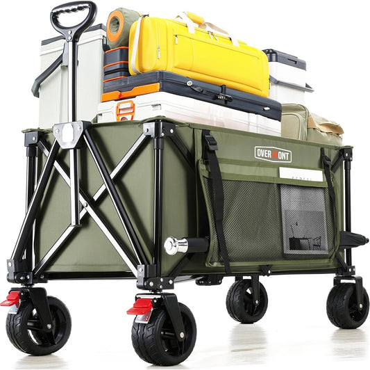 Overmont Collapsible Wagon Cart with Wheels - 180L Foldable Heavy Duty Wagon with Big All-Terrain Wheels - 330Lbs Weight Capacity with Side Pockets for Camping Sports Garden Grocery Shopping Green