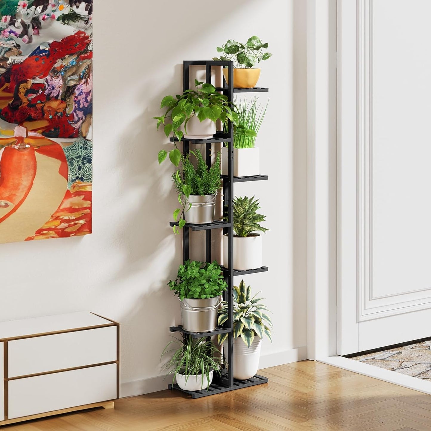 ROSSNY 55 Inch Tall Plant Stand Indoor, 7 Tier 8 Potted Bamboo Plant Stands for Indoor Plants, Corner Plant Stand, Tiered Plant Stands, Plant Shelf For Indoor, Planter Holder for Multiple Plants Indoor, Black