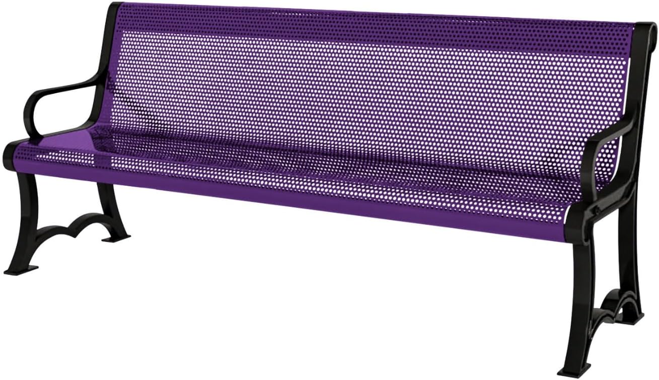 Heavy-Duty Outdoor Bench Thermoplastic Coated, Punched Steel, Commercial-Grade Garden Bench, Made in America (Portable with Back, 4 Ft, Textured Purple)