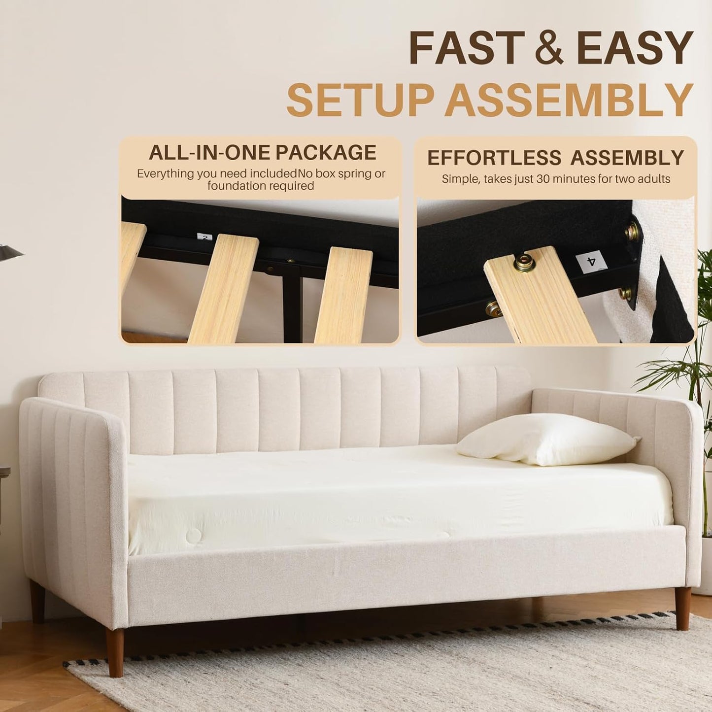 YUHUASHI Twin Size Upholstered Daybed with Wood Slat Support, Daybed Frame for Living Room, Bedroom, Guest Room, No Box Spring Needed (Ivory, Twin)