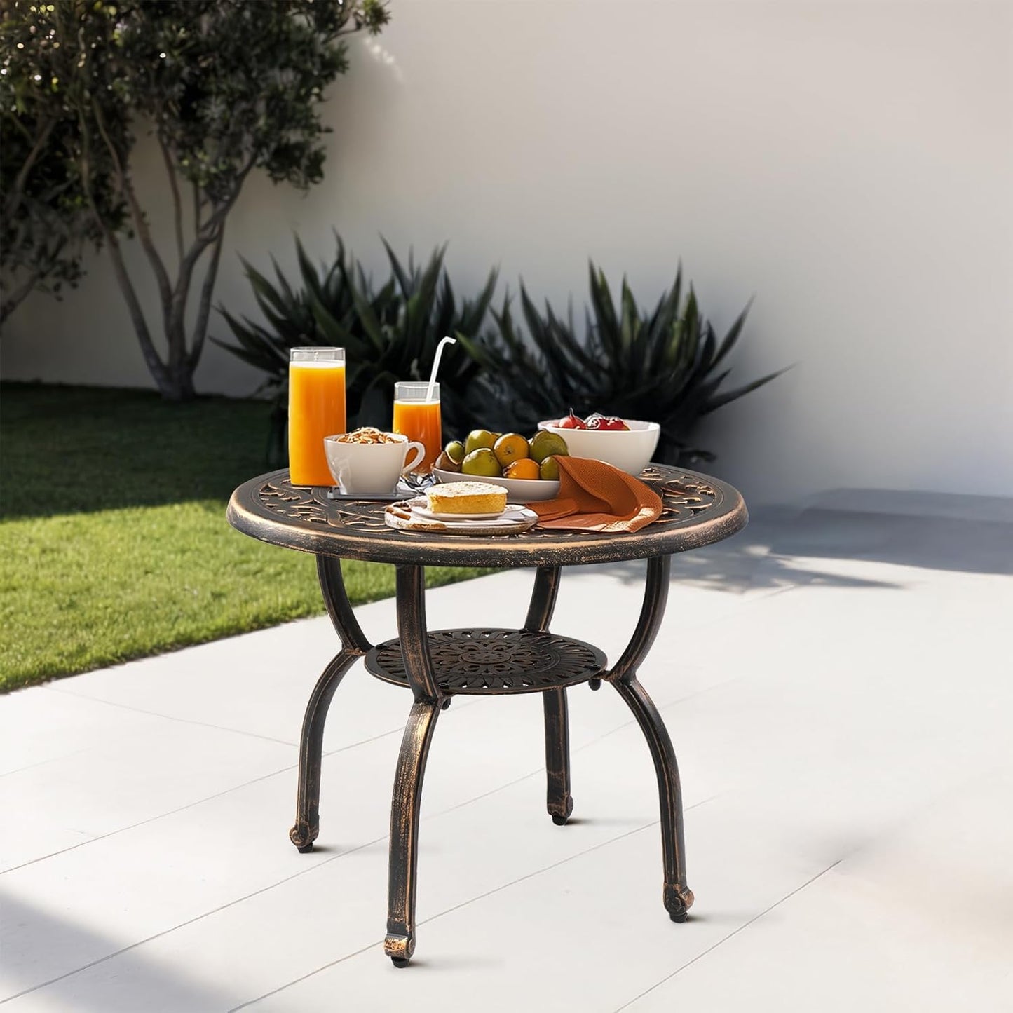 Outvita Patio Side Table, 23.6in Outdoor Round Cast Aluminum Bistro Table and Antique Design for Backyard Porch Pool Balcony Deck Bronze