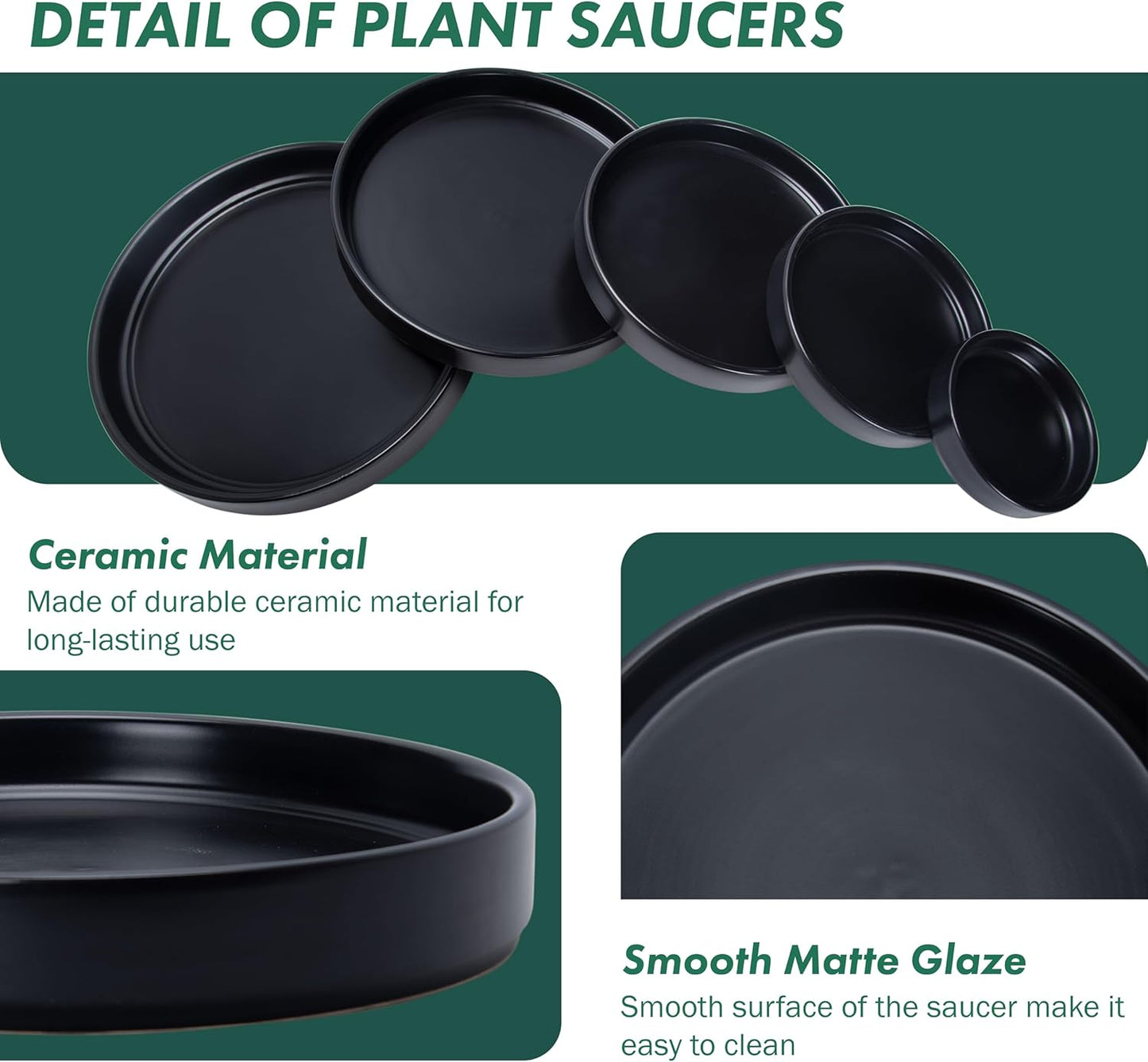 D'vine Dev Modern Round 3.7 Inch Ceramic Plant Pot Saucer, Planter Pot Drainage Tray for Indoor Plants, Matte Black, 97-T-B-1