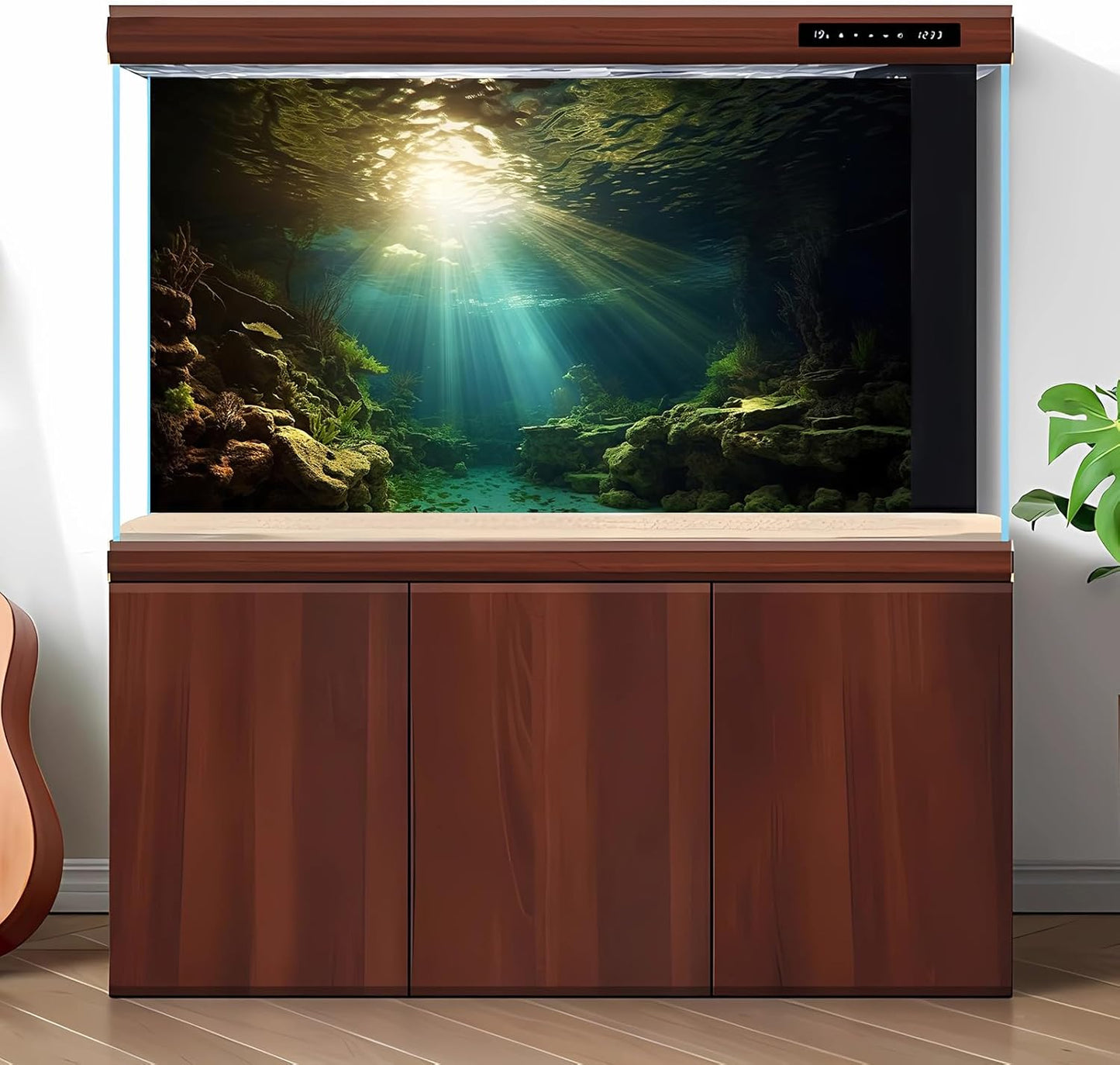Fish Tank Background Under The Sea Aquarium Background Ocean Floor Sunray Rock Terrarium Backgrounds Coral Reef Aquatic Plants Underwater Cave Aquarium Wallpaper for Fish Tank Decorations 30x12in