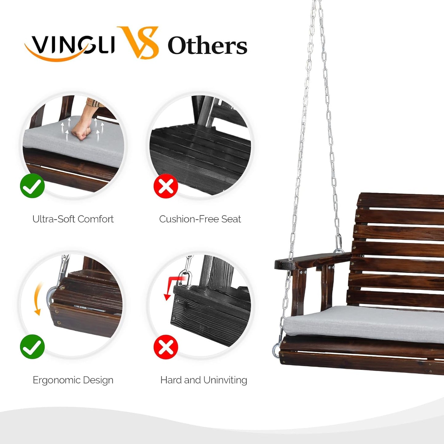 VINGLI Outdoor 4 FT Porch Swing, Heavy Duty 880 LBS Wooden Patio Swings with Cushions, Farmhouse Style Hanging Bench with Adjustable Chains for Yard | Garden | Lawn | Balcony, Rustic