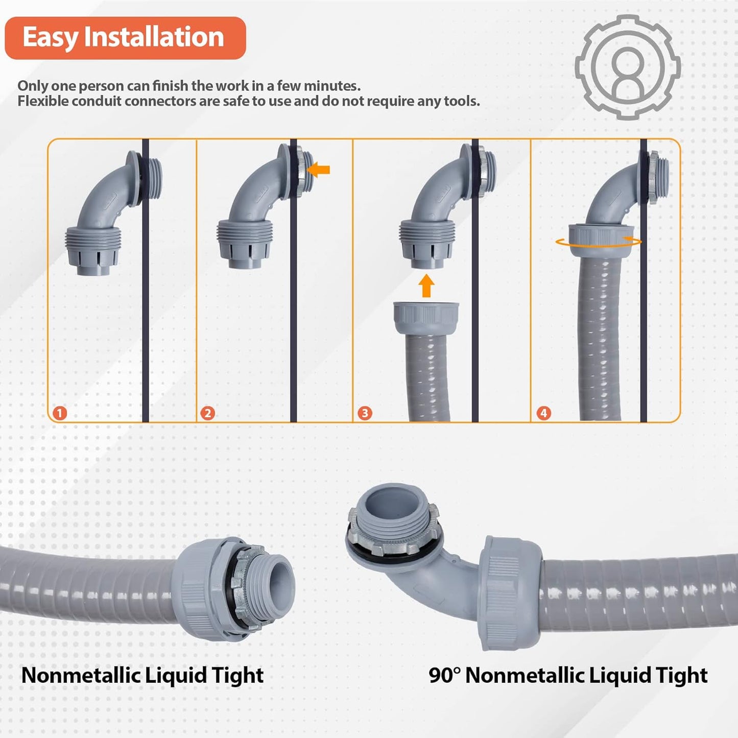 Liquid-Tight Conduit 50 ft and 10 Pieces of Connector Kit, Electrical Conduit 1/2 50ft w/UL Certification, Flexible Conduit with 5 Straight and 5 90-Degree Conduit Connector Fittings