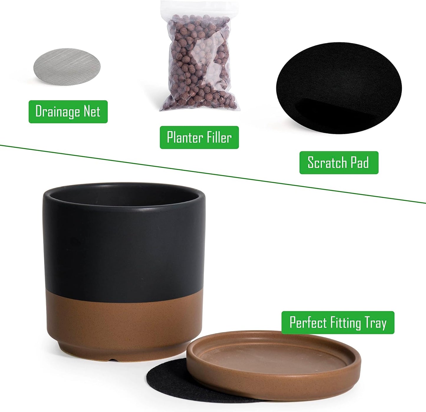 D'vine Dev 6 Inch & 8 Inch Ceramic Planter Pots for Plants with Drainage Hole and Saucer, Medium Plant Pots Set, Black/Speckled Tan, 94-G-M-7