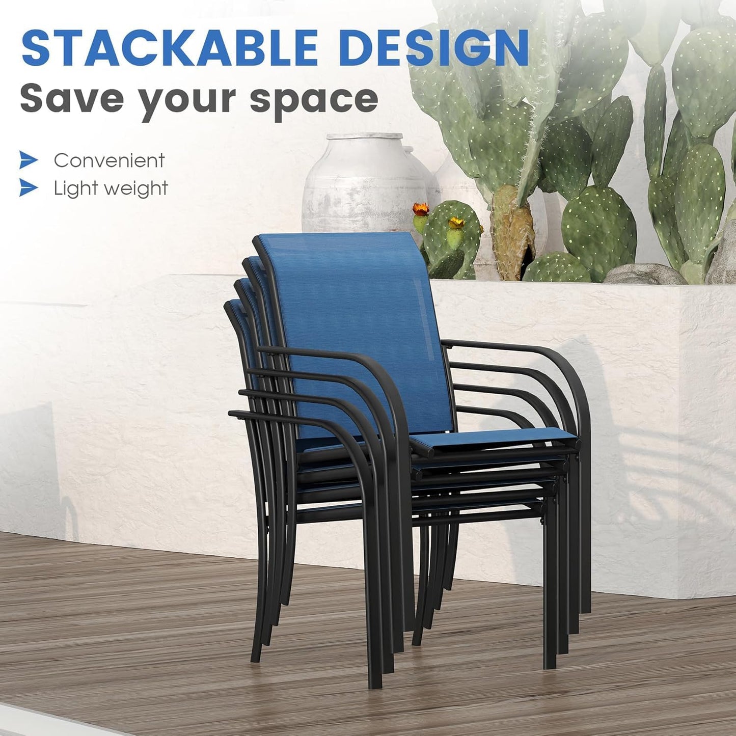 VICLLAX 7 Pieces Patio Dining Set for 6, Outdoor Furniture Set Includes 59" Rectangle Outdoor Table and 6 Stackable Patio Sling Chairs, Black Tabletop and Blue Fabric
