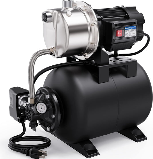 Acquaer 1.6 HP Shallow Well Pump with Pressure Tank, Stainless Steel, 1320 GPH 115V Irrigation, Automatic Water Booster Jet Pump for Home, Garden, Lawn