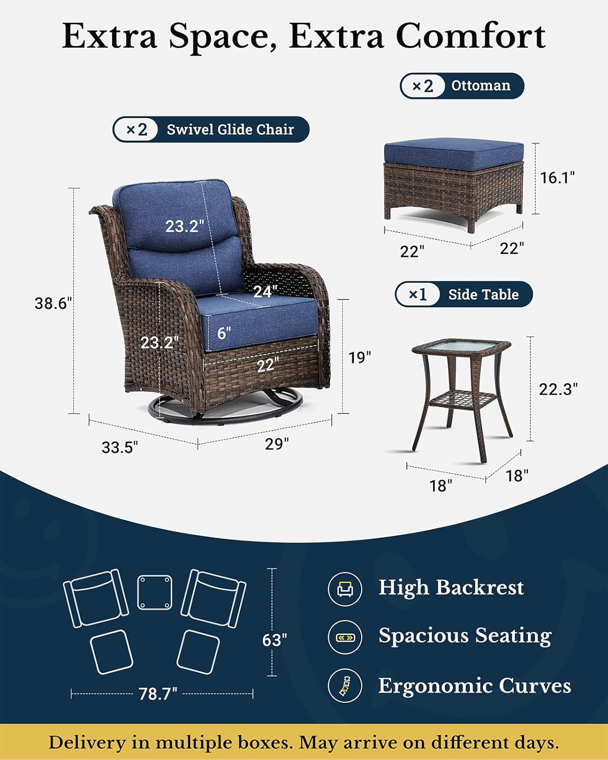 HILLGA Luxury Patio Furniture Set with 6-inch Thick Cushion, Outdoor High Back Swivel Rocker Patio Chairs, 5PCS Wicker Conversation Set for Deck Yard and Poolside, Blue (V2)