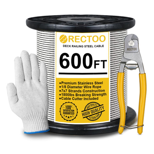 600FT 1/8" T316 Stainless Steel Cable with Cutter, 7x7 Strands Aircraft Wire Rope for Deck Railing, Stair Handrail, Porch Fence, High Strength for Indoor and Outdoor Use