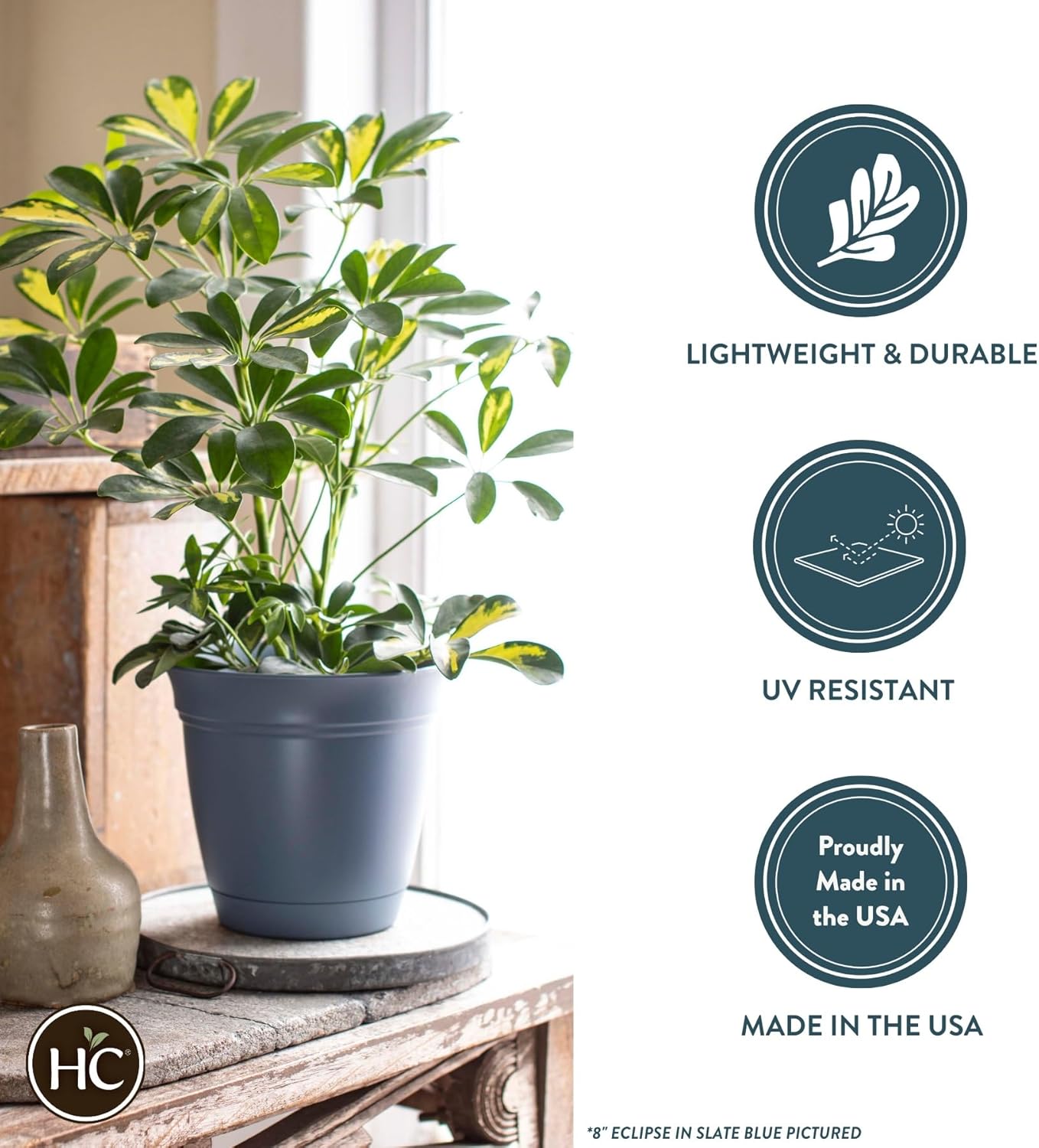 The HC Companies Eclipse Round Planter with Saucer - Outdoor & Indoor Plant Pot with Drainage Holes - Lightweight, UV-Resistant Plastic Pots for Plants, Flowers & Herbs (12" Teal, Pack of 6)