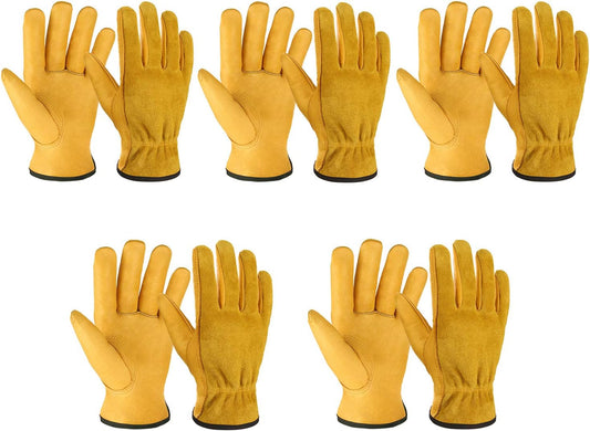 OZERO Leather Work Gloves Flex Grip Tough Cowhide Gardening Glove for Men and Women (Gold (5 Pairs), X-Large)