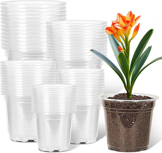 JERIA 50 Pack 3.5/4/5/6/7 Inch Clear Nursery Pots with Drainage Holes, Clear Plant Pot for Planting, Transparent Plastic Plant Pots,Durable Seed Starting Pot for Succulents