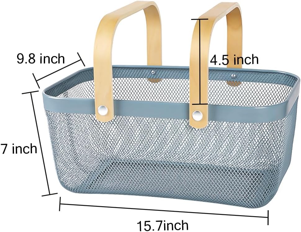 Portable Mesh Harvest Basket - Natural Bamboo Handle Foldable Organizer for Kitchen, Garden & Picnic | Ventilated Storage Bin with Rust-Proof Wire, Space-Saving Farmhouse Decor (Blue)