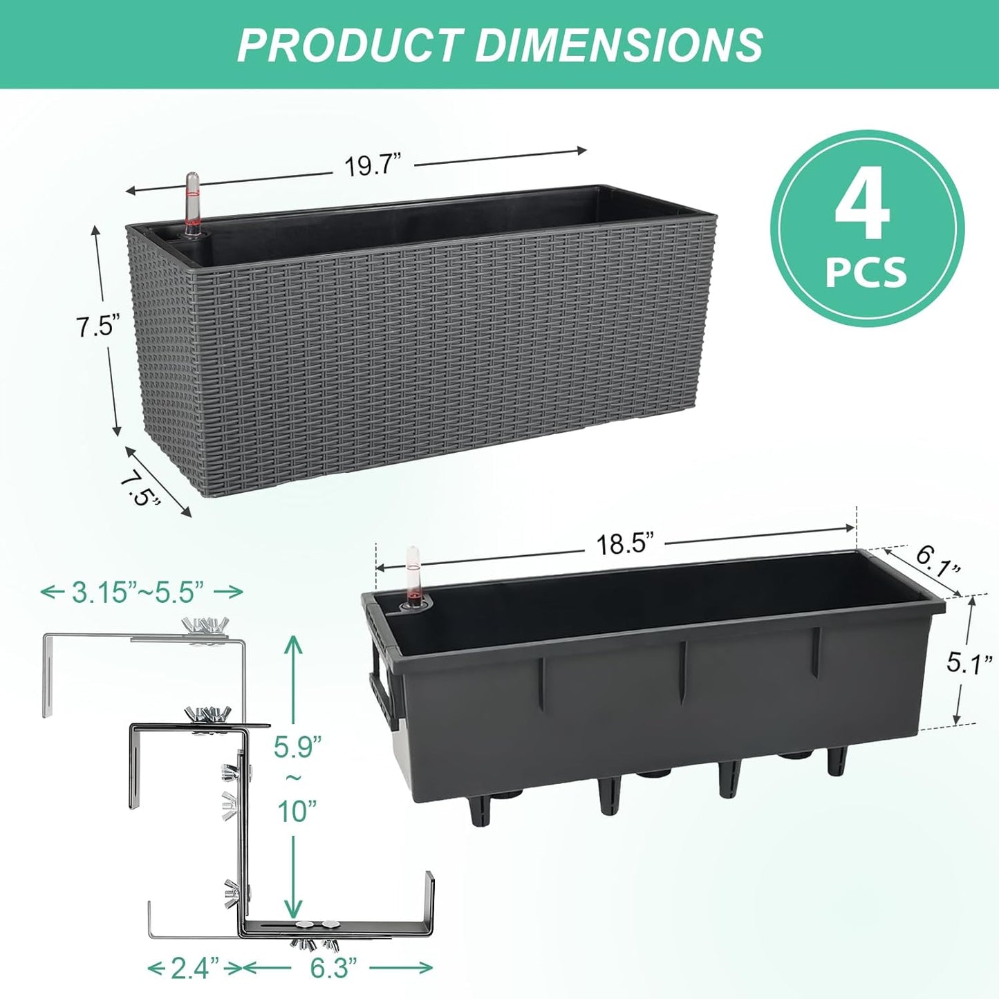 Aoodor 4Pcs 19.5" Rectangular Window Box Wall Mount/Railing Planter, Self-Watering Planter with Adjustable Bracket, for Fence, Balcony, Patio, and Outdoor Decor - Grey