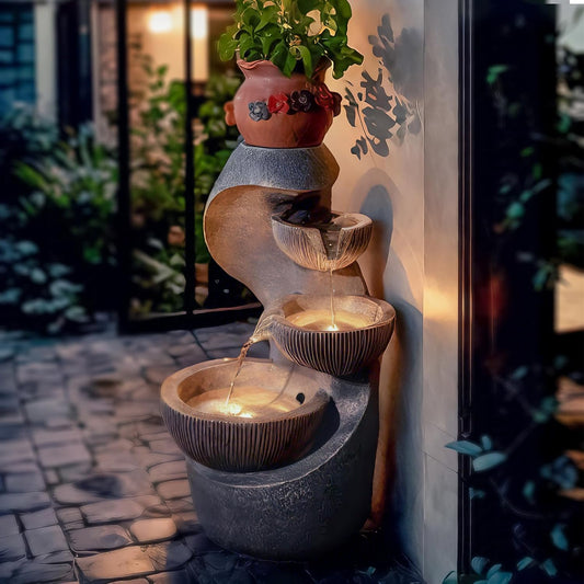 20" H Outdoor Water Fountain, Modern Outdoor Garden Fountains with LED Lighted for Garden, Patio, Deck, Backyard and Home Art Decor