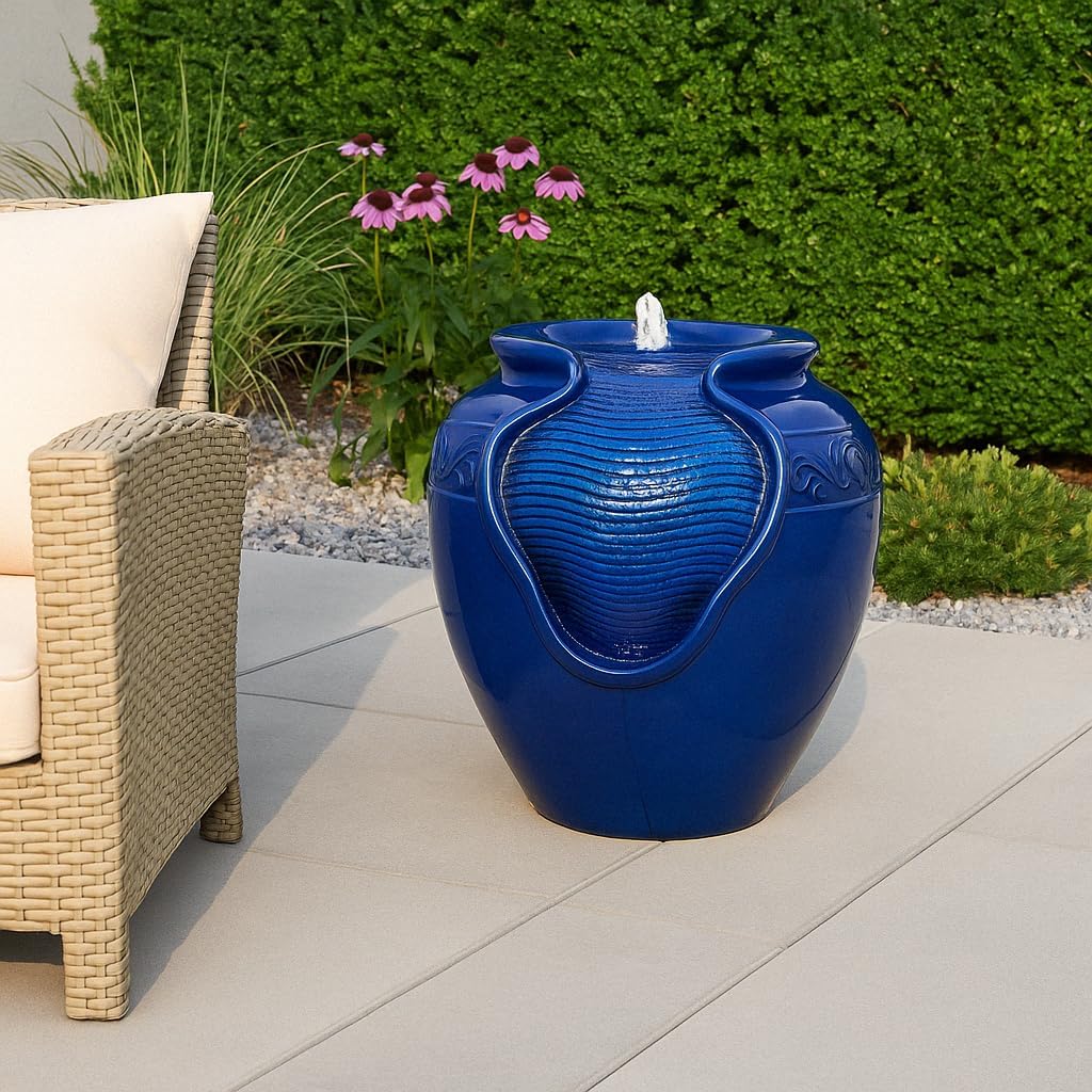 Teamson Home Outdoor Water Fountain, Glazed Pot Ceramic Look with LED Lights & Pump, Royal Blue, 16.93” Patio Garden Water Feature, Cascading Zen Fountain for Backyard, Porch, Deck, Home Decor