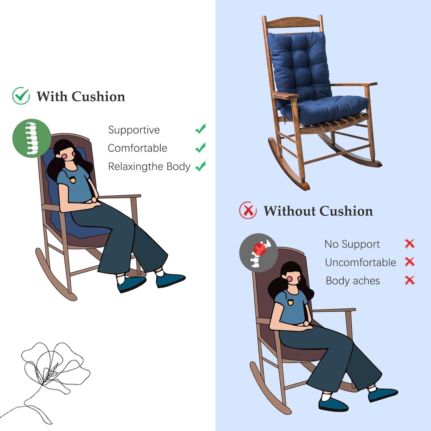 Indoor Outdoor Rocking Chair Cushions Pack of 1, Patio High Back Chair Seat Cushions with Ties for Garden Patio Furniture, Khaki