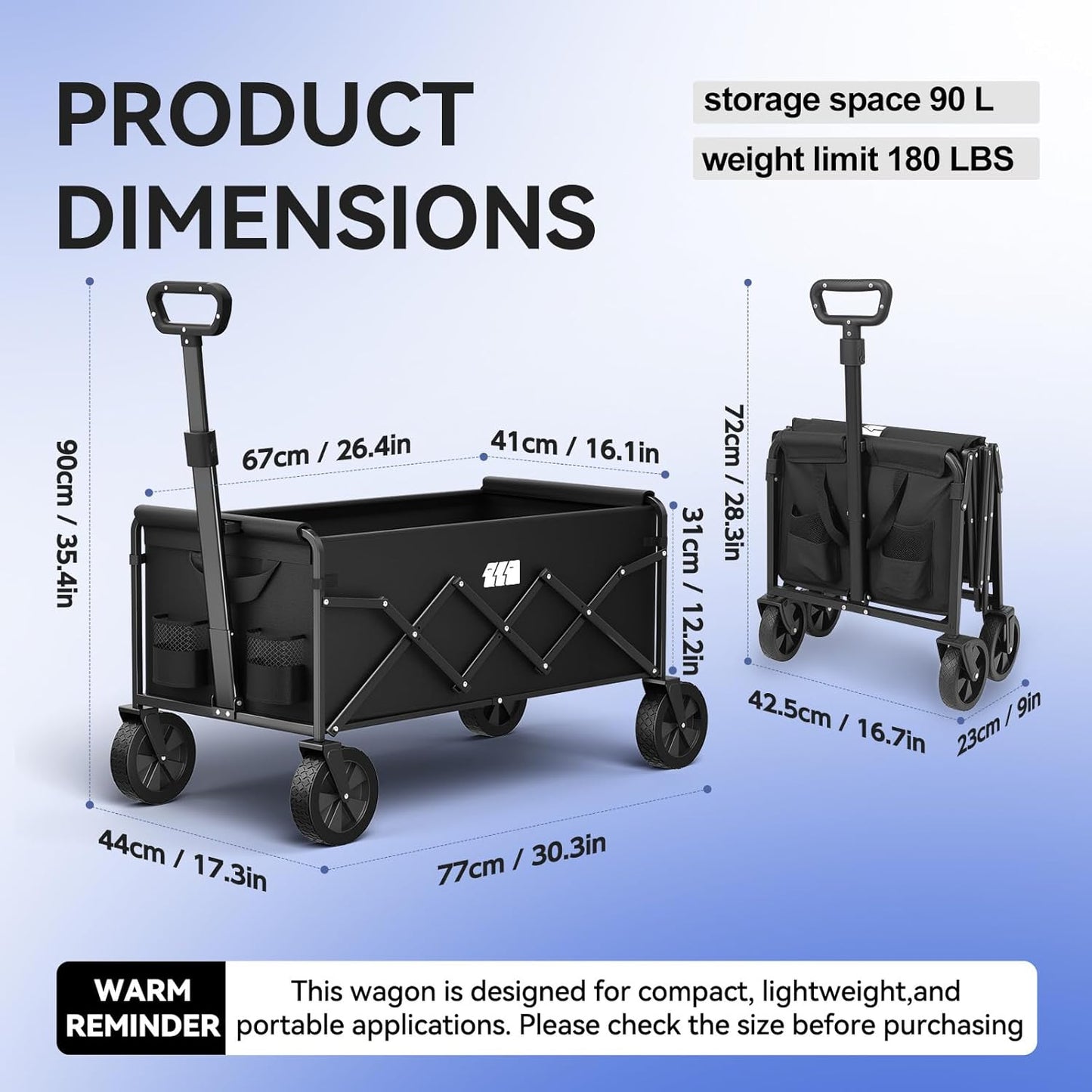 Collapsible Foldable Wagon, Foldig Wagon with Wheel Heavy Duty with 180lbs Weight Capacity Lightweight Utility Camping Cart for Groceries Garden Beach Sports Fishing (Black)