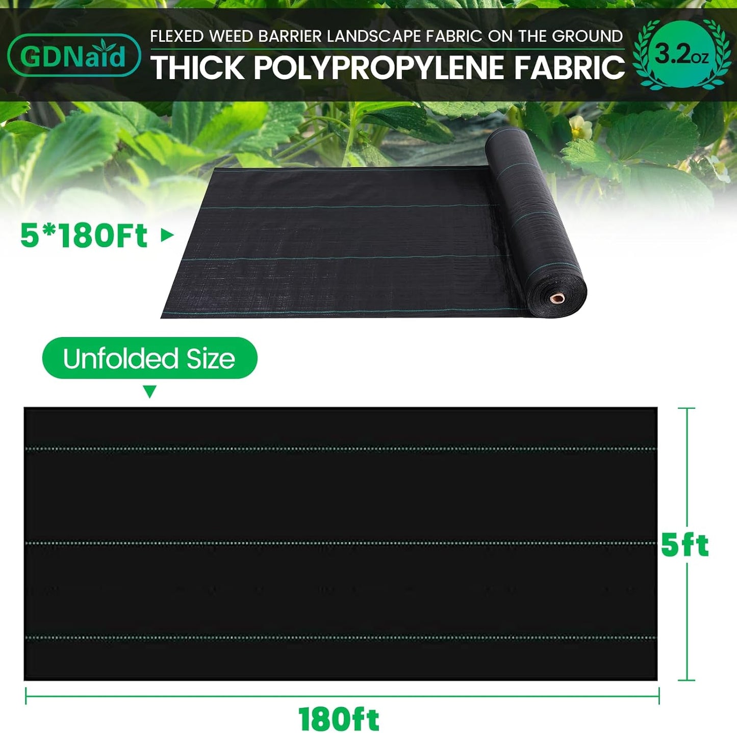 5ftx180ft Weed Barrier Landscape Fabric Heavy Duty, Premium 3.2oz Weed Barrier Fabric Garden Ground Cover, Weed Fabric, Garden Landscaping Fabric