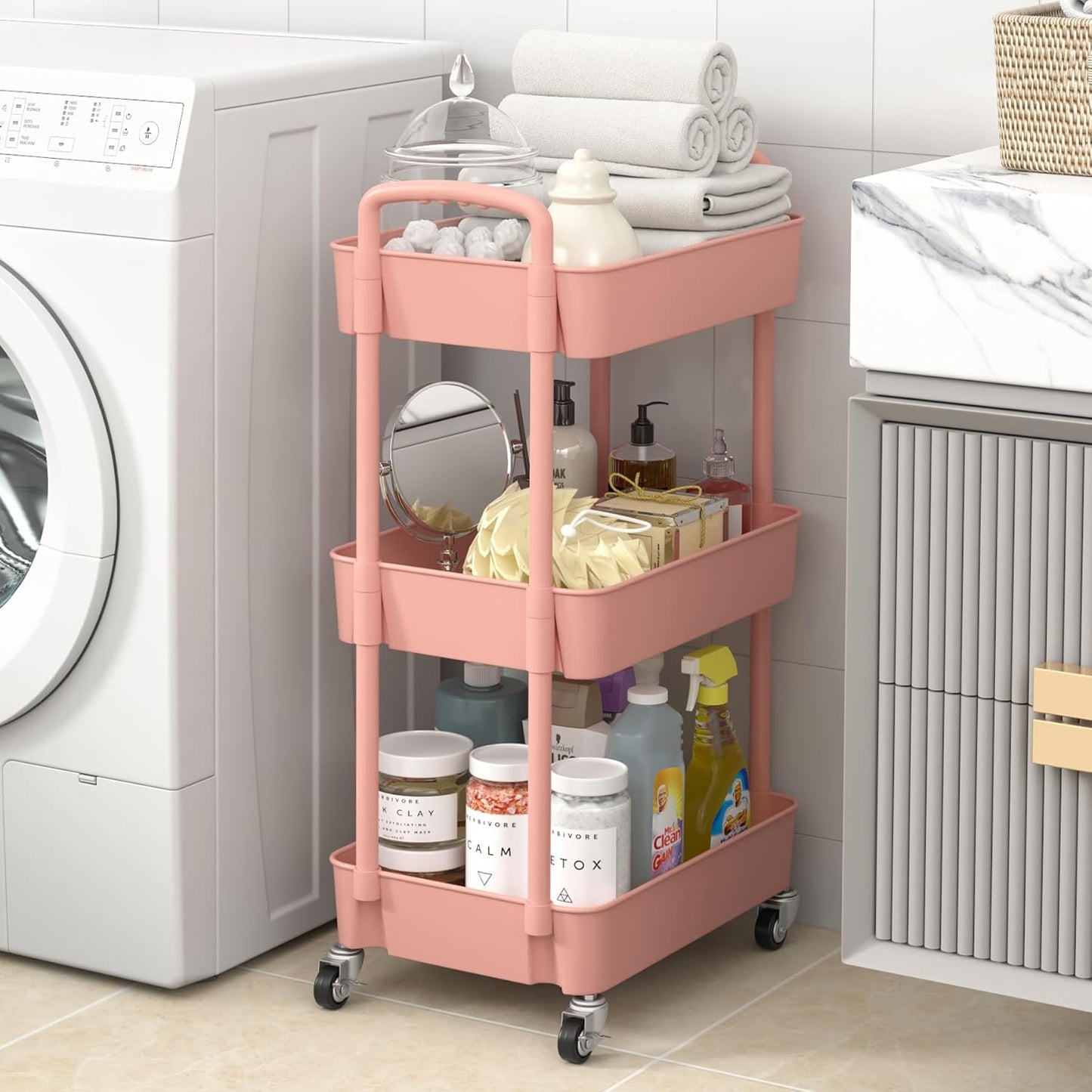 Sywhitta 3-Tier Plastic Rolling Utility Cart with Handle, Multi-Functional Storage Trolley for Office, Living Room, Kitchen, Movable Storage Organizer with Wheels, Pink