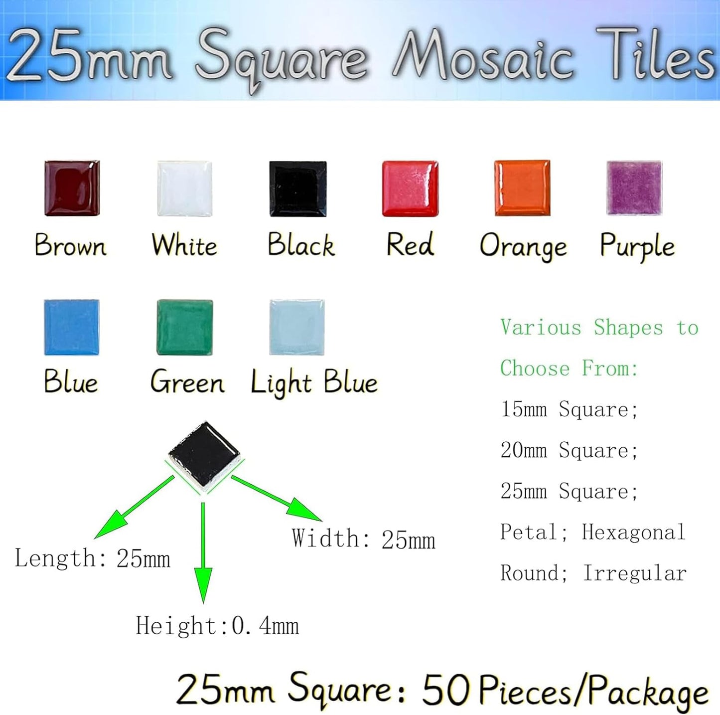 50 Pieces Black Mosaic Tiles for Crafts 1" Ceramic Tiles Assorted Colors Square Ceramic Mosaic Project Supplies for Photo Frame Mosaic Stepping Stones Bath Old Pool Furniture Decor