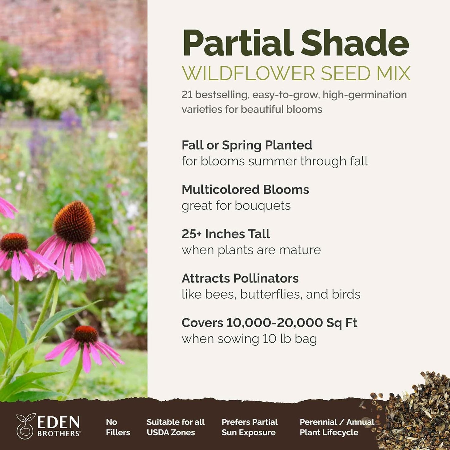 Eden Brothers Partial Shade Wildflower Mixed Seeds for Planting, 10 lb, 4,800,000+ Seeds with Sweet William, Foxglove | Attracts Pollinators, Plant in Spring or Fall, Zones 3, 4, 5, 6, 7, 8, 9, 10