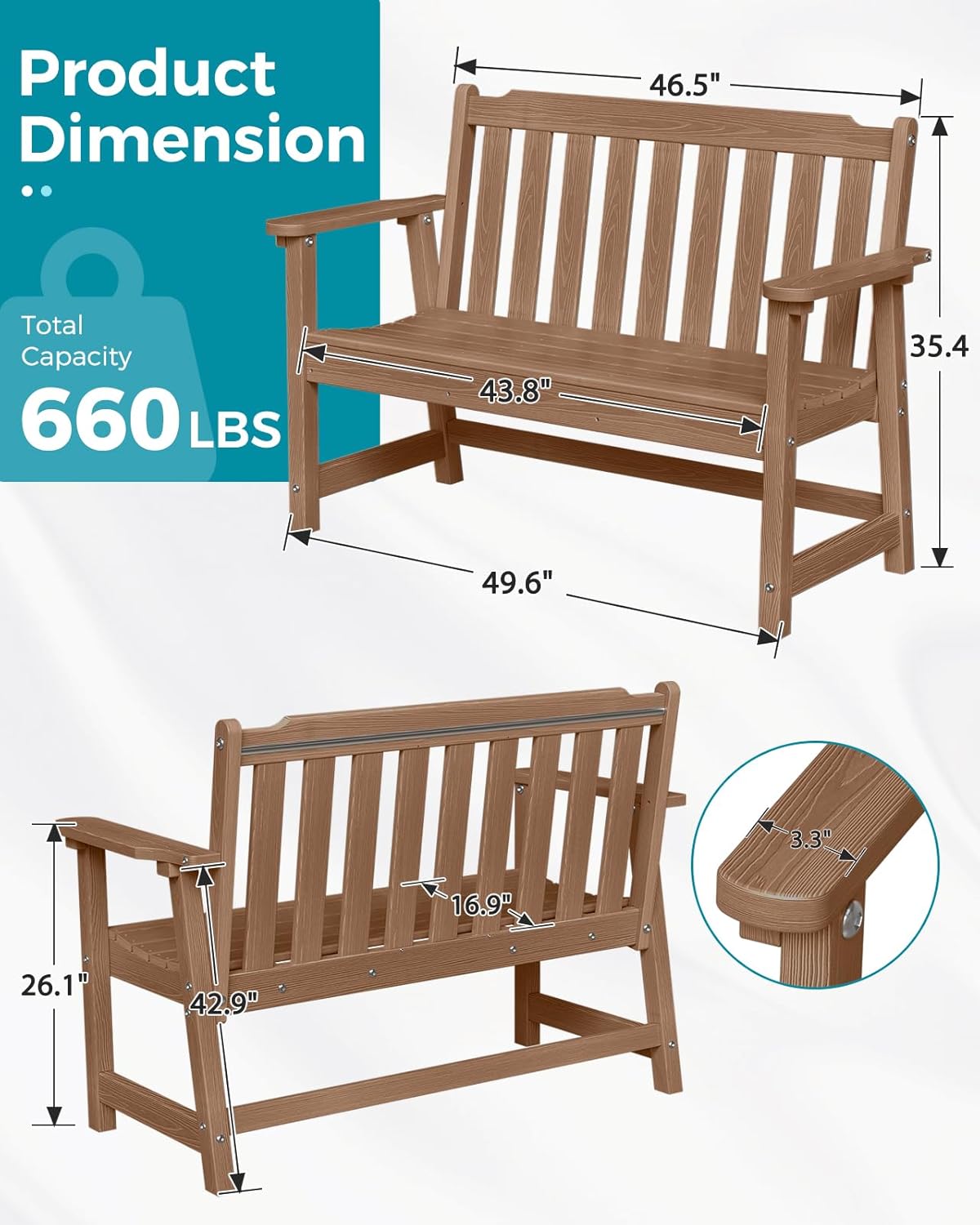 Outdoor Bench, 2-Person HDPE Garden Bench, All Weather Poly Patio Bench for Outdoors, Garden, Backyard, Porch and Park, 660 lbs Weight Capacity, Teak, 2 Pack