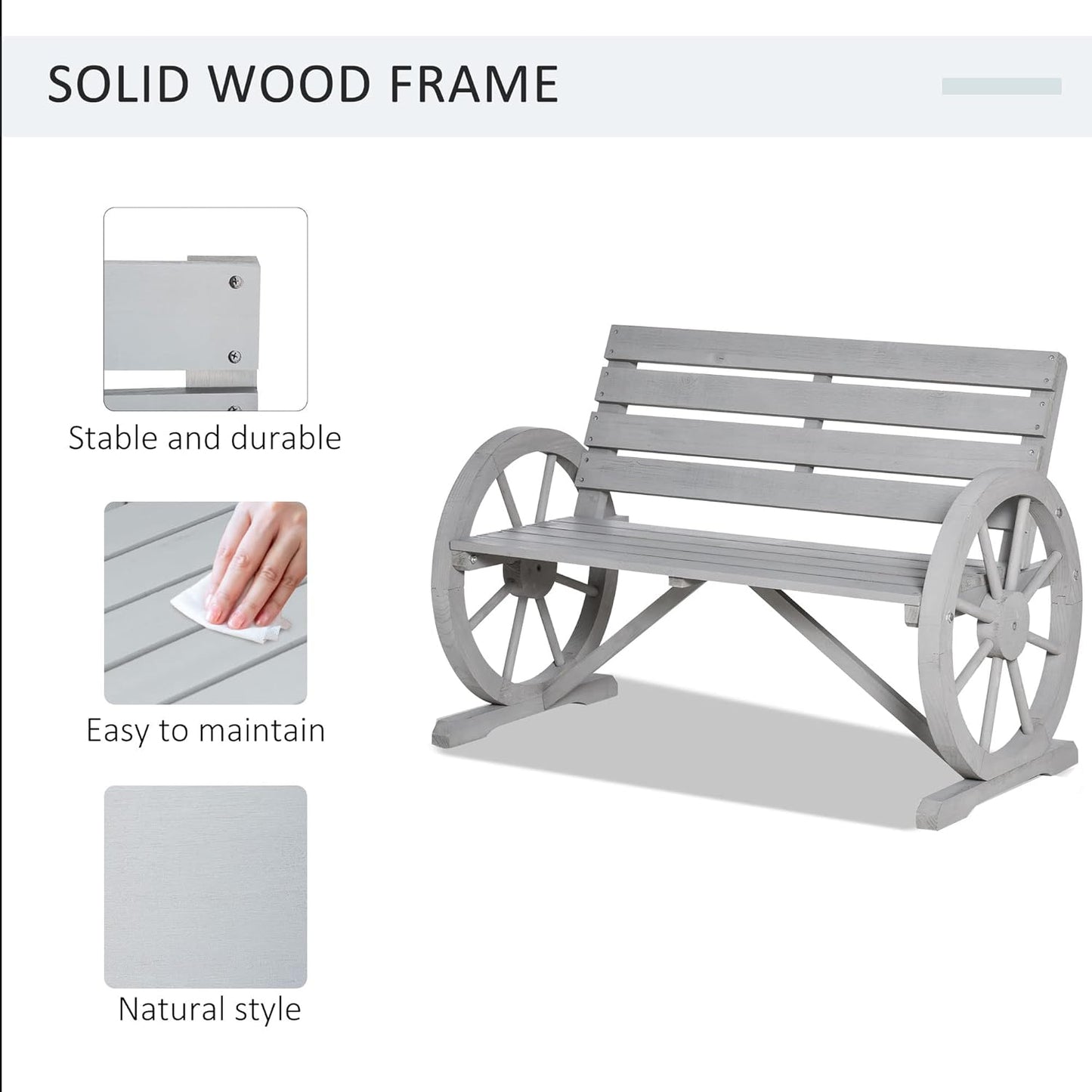 Outsunny 41" Wooden Wagon Wheel Bench, Rustic Outdoor Patio Weather Resistance Furniture, 2-Person Slatted Seat Bench with Backrest, Light Gray