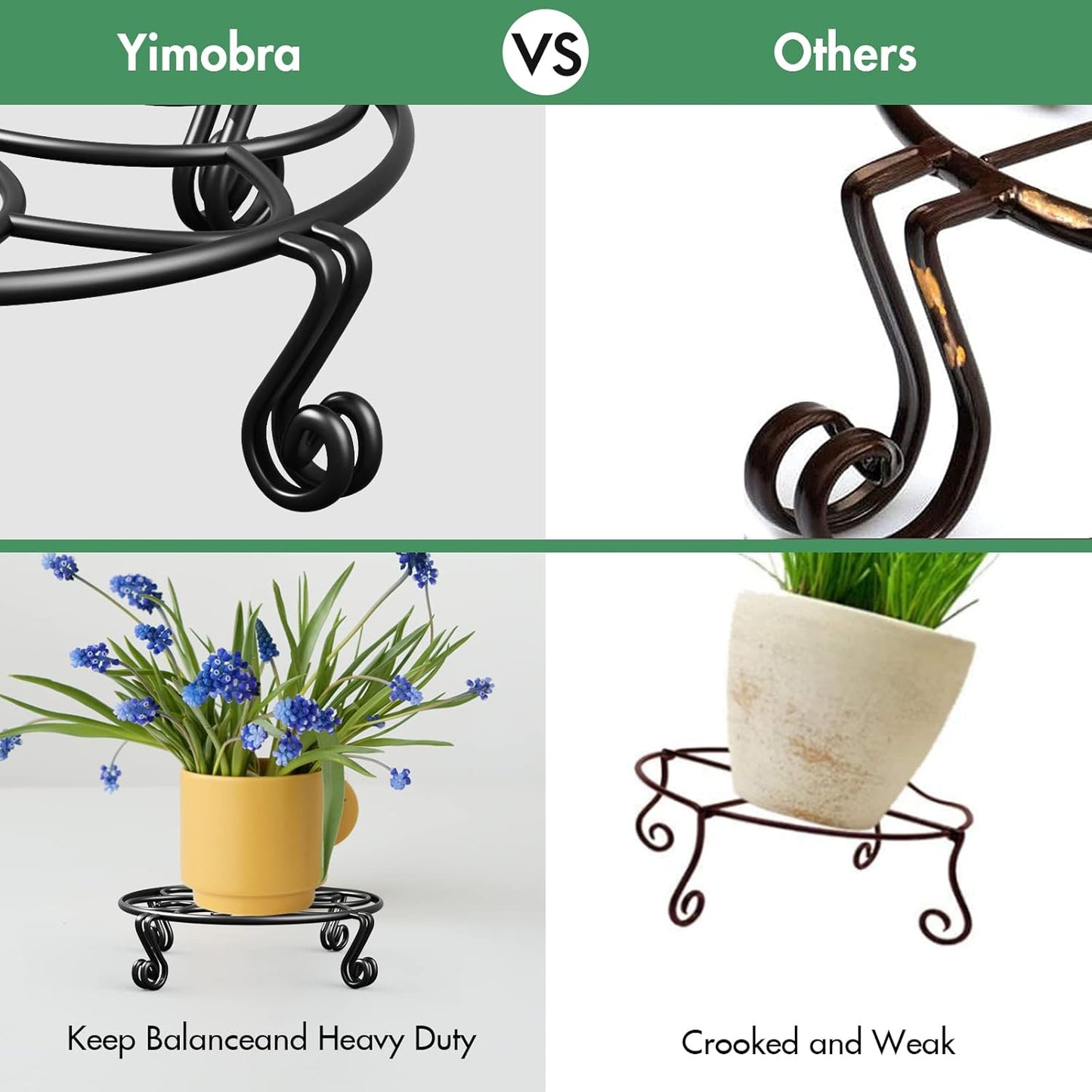 Yimobra 2 Pack Plant Stand for Flower Pot Heavy Duty Potted Holder Indoor Outdoor Metal Rustproof Iron Garden Container Round Supports Rack for Planter (9.4Inches, Black)