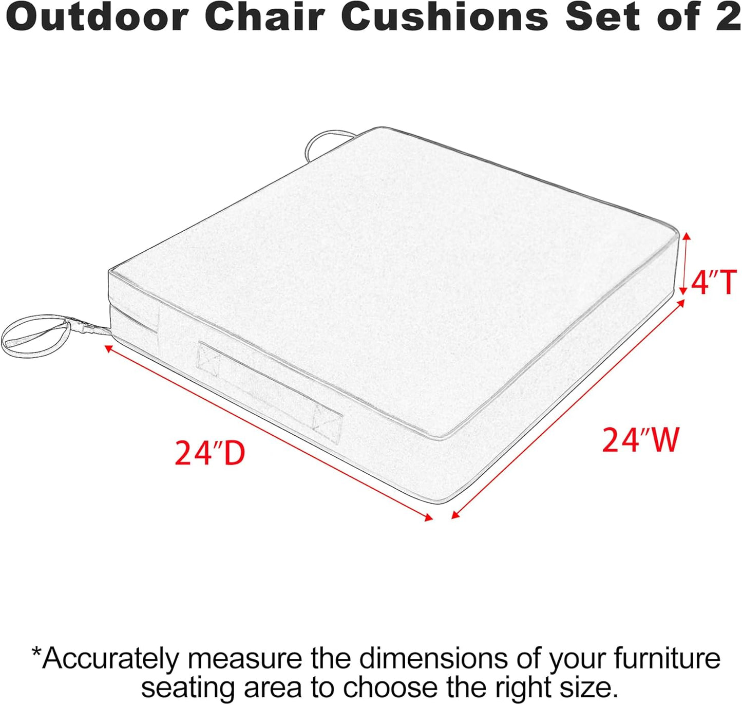 Favoyard Patio Chair Cushions 24 x 24 x 4 Inch Waterproof Outdoor Seat Cushions for Patio Furniture 3-Year Color Fastness Garden Sofa Couch Chair Pads with Handle & Adjustable Straps Set of 2, Grey