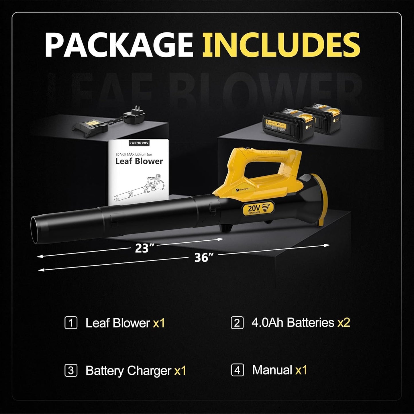 Orientools Leaf Blower Cordless, 20V Powerful Electric Cordless Leaf Blower 2×4.0 Ah Batteries & Charger, Variable Speed Trigger, Portable Lightweight Blowers for Lawn Care, Yard, UL 62133 Certified