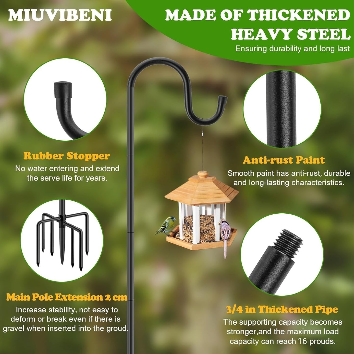 84" Shepherds Hooks for Outdoor with 7 Prongs Base, Heavy Duty Bird Feeder Pole for Hanging Lantern, Hummingbird Feeder, Shepherds Hook for Bird Feeders for Outside, 2 Packs, Black