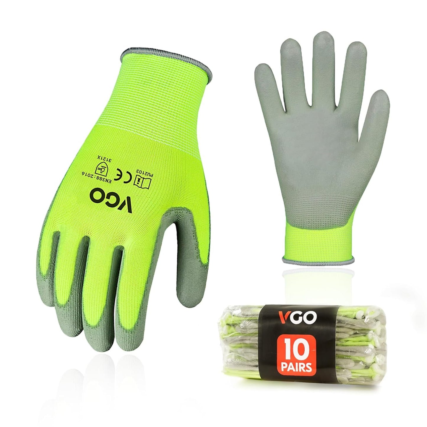 Vgo... 10-Pairs Safety Work Gloves, Gardening Gloves, Polyurethane Coated, Dipping Gloves, Latex Free (Size M, Yellow, PU2103)