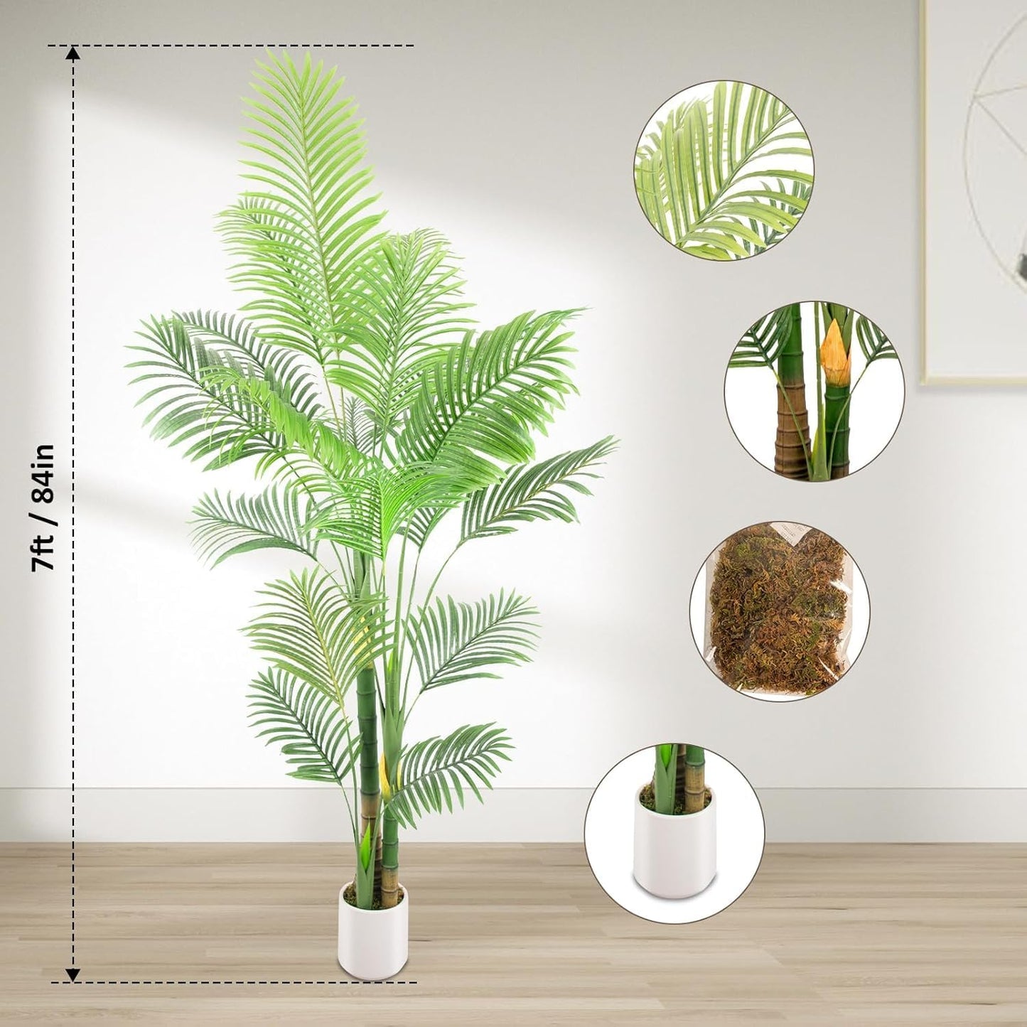 Artificial Fake Palm Tree 7FT 2Pack with White Planter & Free Moss, UV Resistant Artificial Palm Tree for Outdoors, Fake Plants for Poolside Home Room Decor, Faux Plants Outdoor Decor