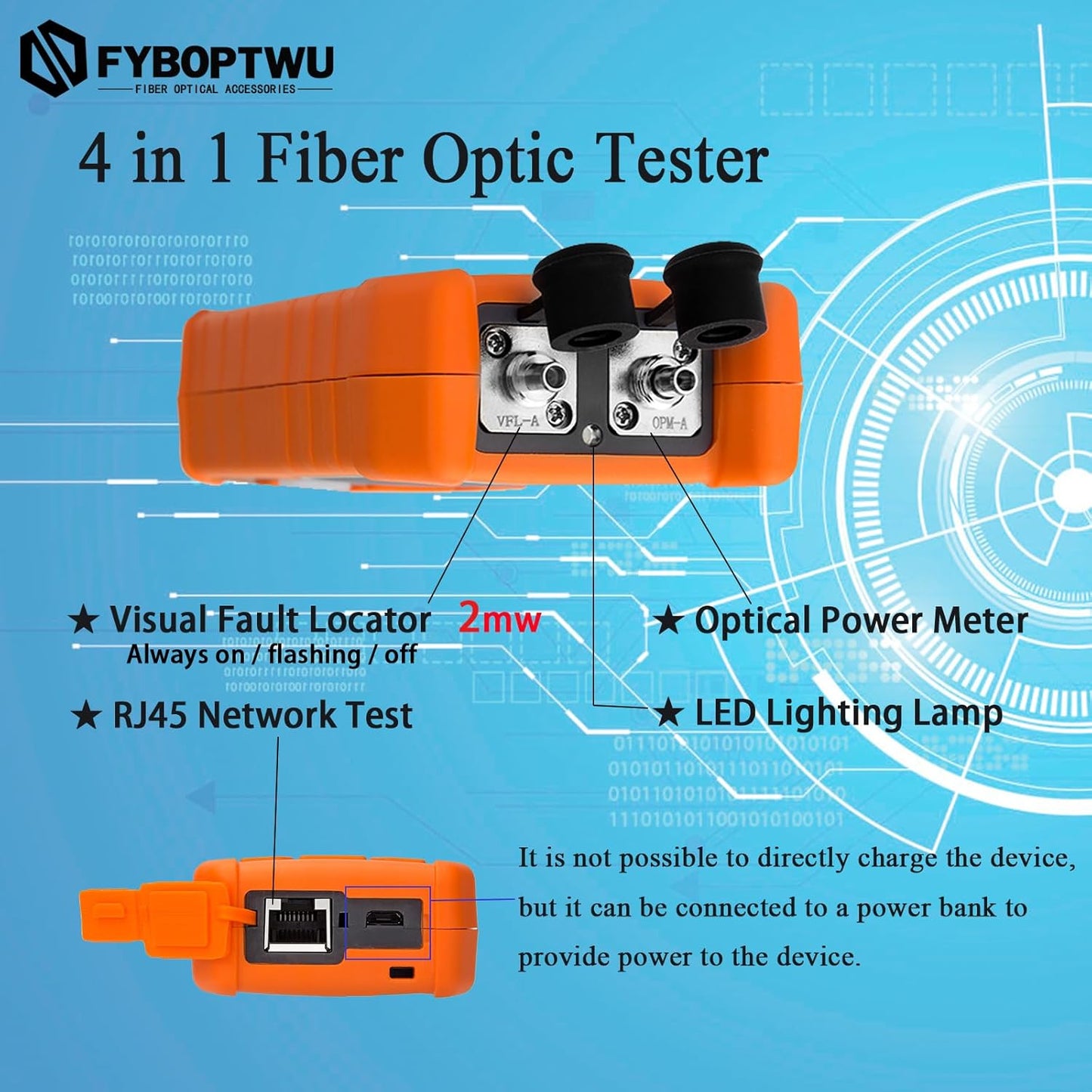 4 in 1 Function Fiber Optic Tester Portable Optical Power Meter (FC/SC/ST) & VFL 2mw Visual Fault Locator & LED, OPM & VFL, Range: (-70) dBm ~ (+6) dBm, 1pc