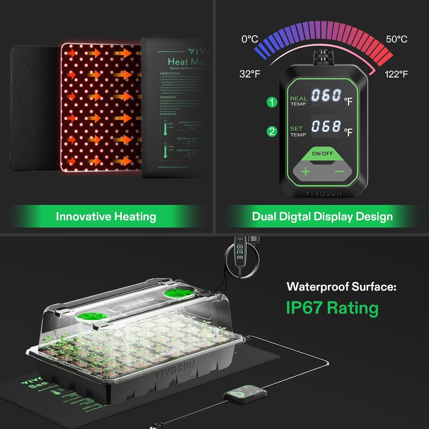 VIVOSUN 1-Pack 40-Cell Seed Starter Trays with 1 Set of LED Lights and 10"x20.75" Seedling Heat Mat, 3.6" Higher Cover, Adjustable Vents, Drainage Holes, Green Propagation Tray for Planting Seeds