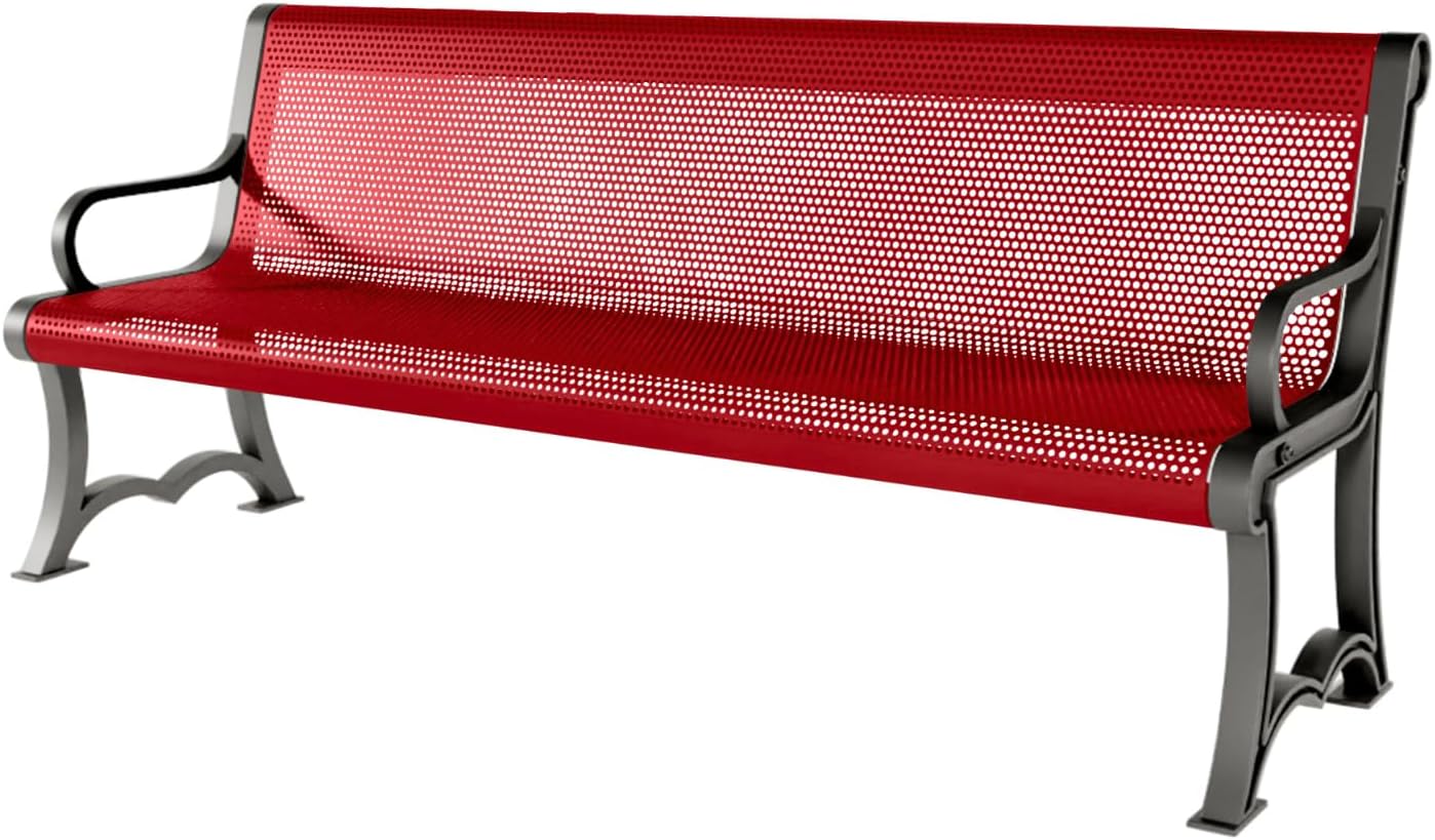 Coated Outdoor Furniture Heavy-Duty Outdoor Bench Thermoplastic Coated, Punched Steel, Commercial-Grade Garden Bench, Made in America (Portable with Back, 6 Ft, Textured Red)