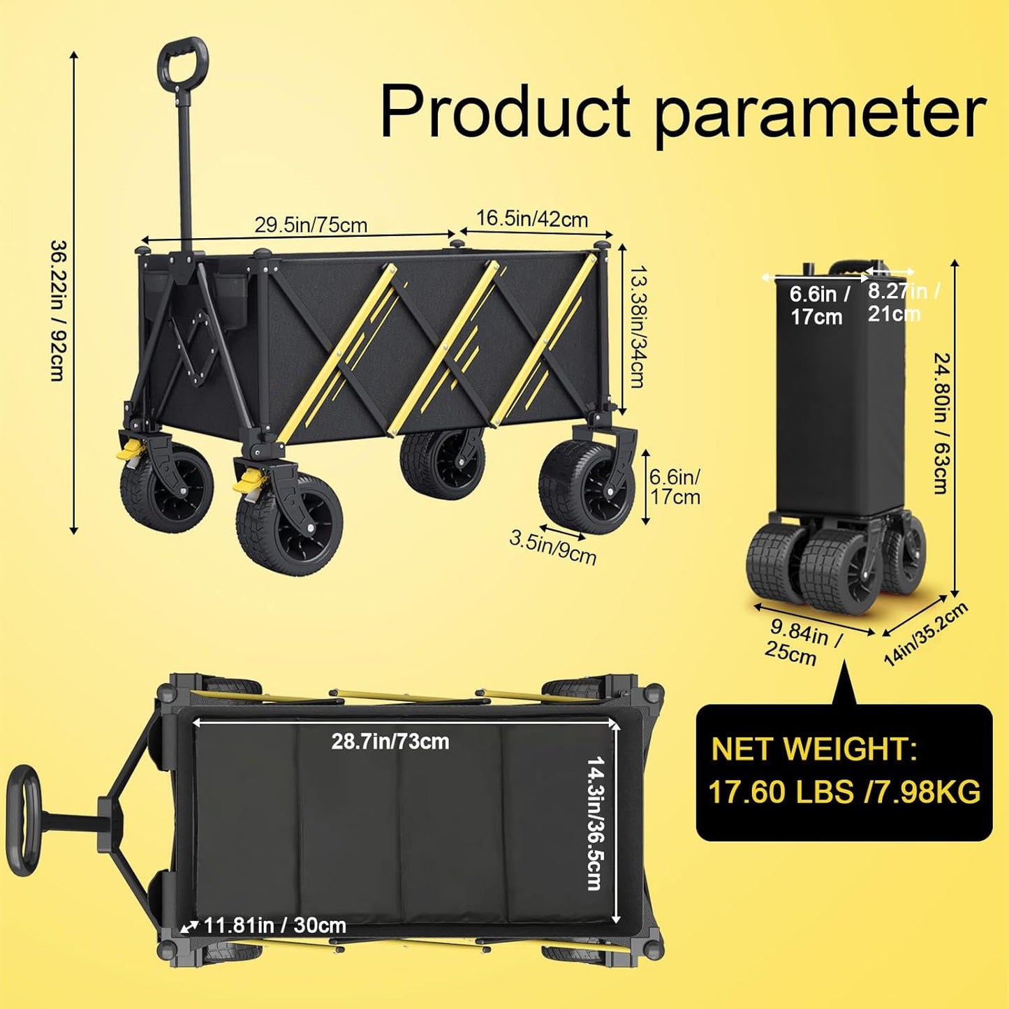 Wagons carts Foldable，Collapsible Wagon Foldable Wagon, Gather Heavy Duty Garden cart, Portable cart，Pets carts，with Large All-Terrain Beach Wheels and Drink Holder for Sports, Shopping, Camping