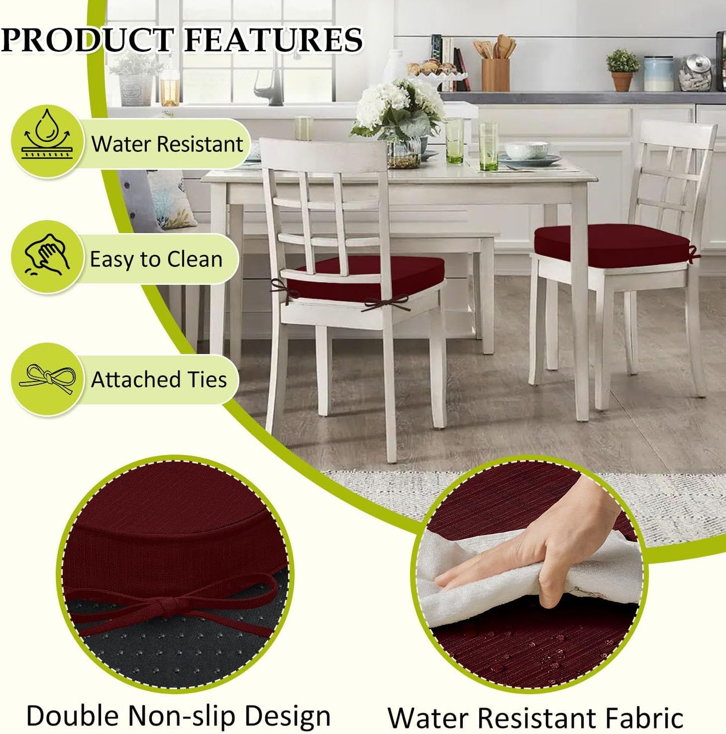 Chair Cushions for Dining Chairs, Indoor Chair Cushions with Ties，Waterproof Chair Pads Set of 6, Burgundy, 17x16x2.5 Inch