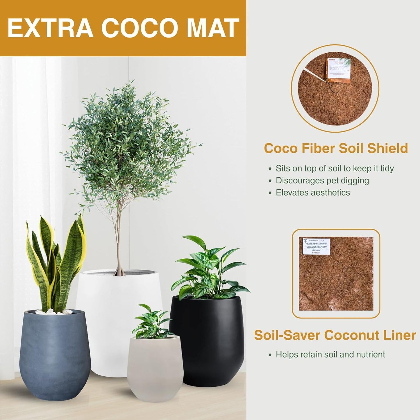 12.5"H x 11.4"D Corso Fiberstone Round Tapered Planter with Drainage Hole, Smooth Finishes, Weather Resistant for Indoor and Outdoor Use, Included 2 Extra Coco Mats (White, 9" Pot Opening)