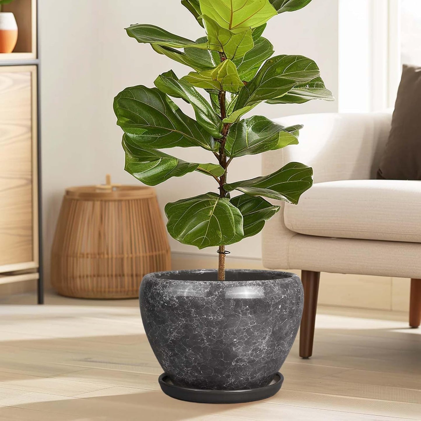 Ceramic Planters for Indoor Plants - 10 Inch Plant Pot with Drainage Hole and Saucer, Large Flower Pot for Home Decor, Gray
