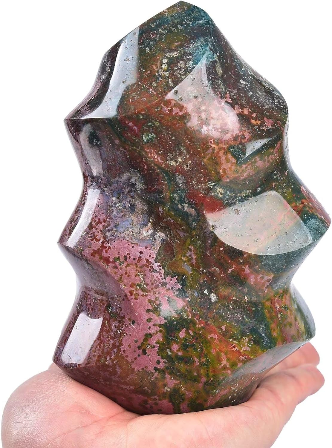 AMOYSTONE Ocean Jasper Flame Shaped Stone Towers Obelisk Natural Healing Crystal Quartz Reiki Energy Decoration Home Office Decor 1.0-1.5LBS