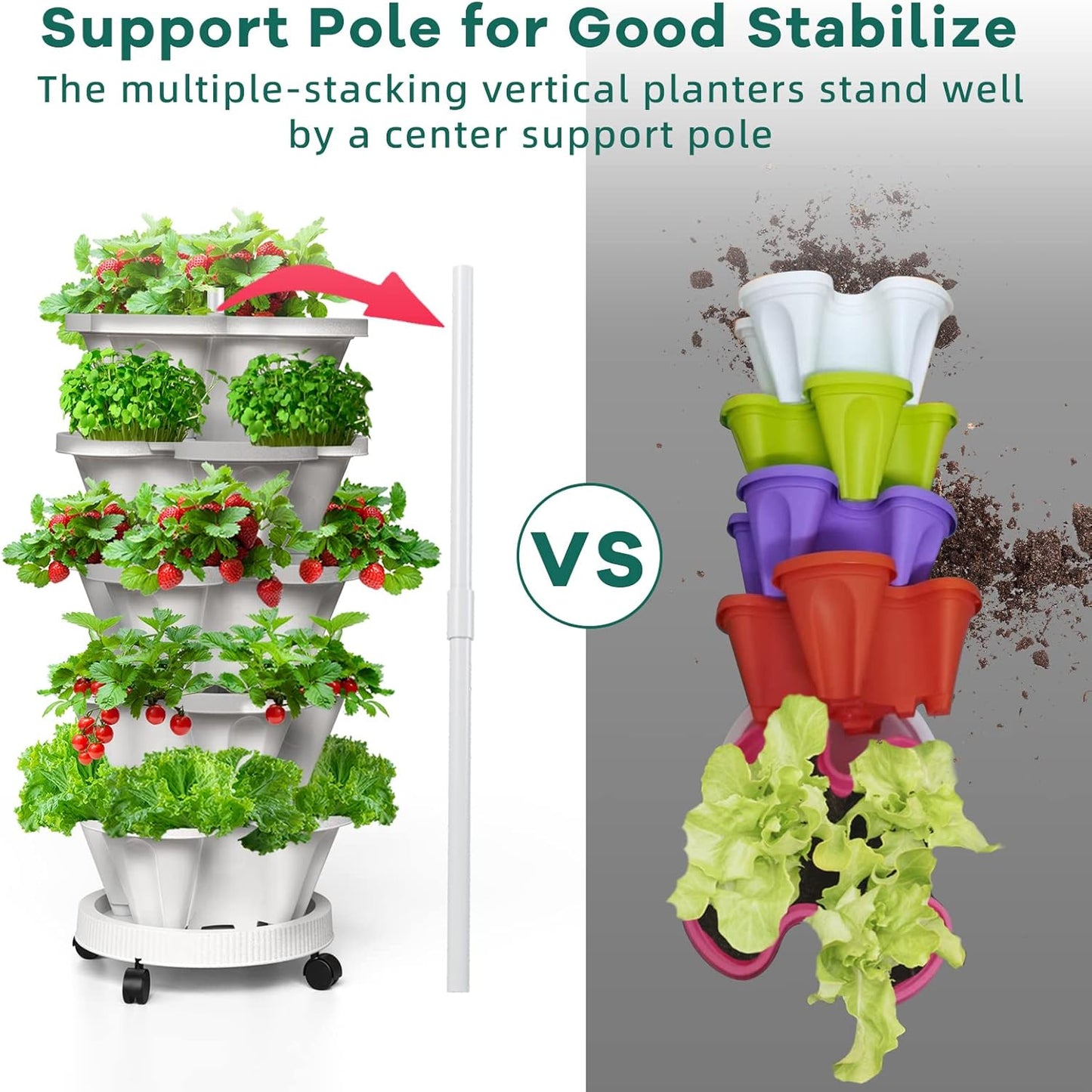 Strawberry Vertical Planter, 5 Tiered Stacking Garden Tower, Stackable Herb Vegetable Planters with Support Pole Indoor and Outdoor - White