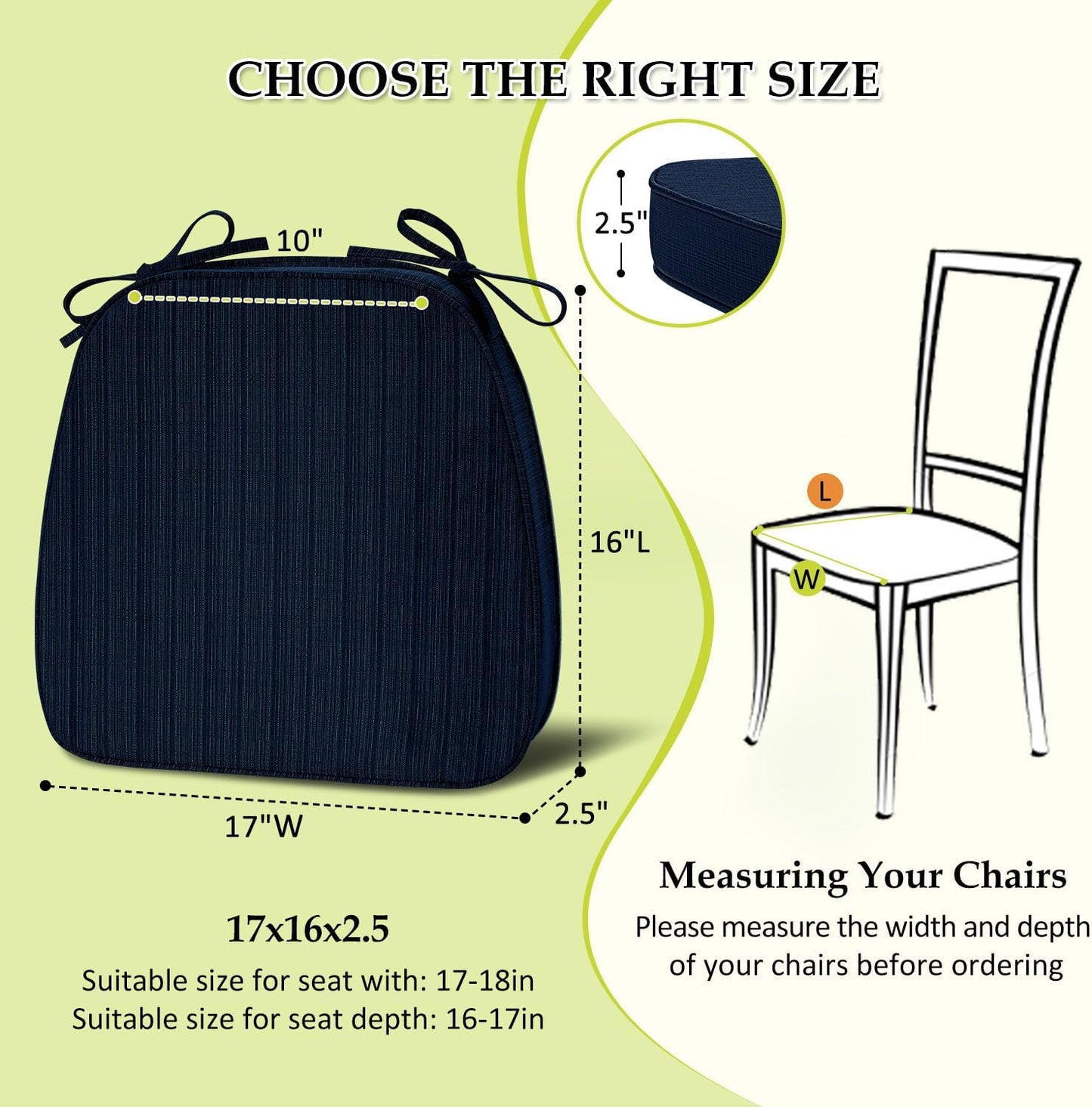 Chair Cushions for Dining Chairs, Indoor Chair Cushions with Ties，Waterproof Chair Pads Set of 4, Navy Blue, 17x16x2.5 Inch