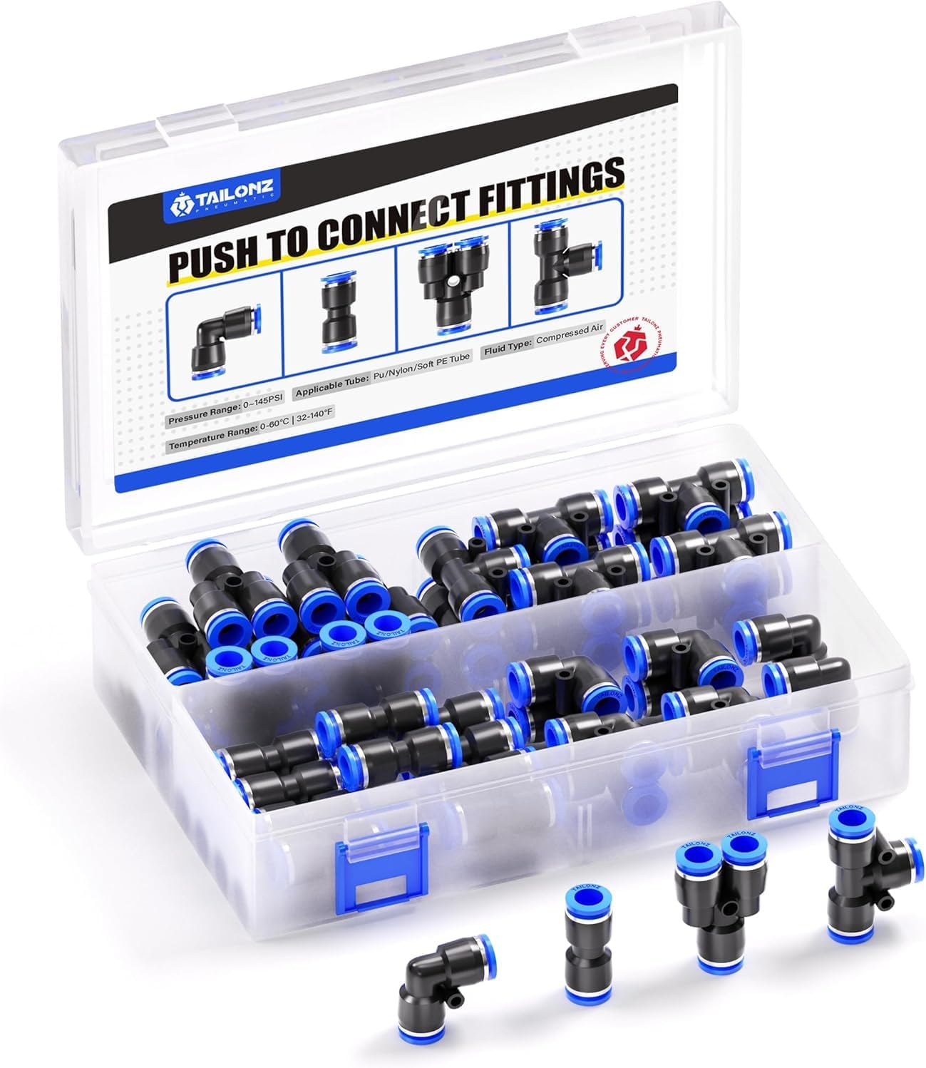 TAILONZ PNEUMATIC 1/4 Inch od Push to Connect Fittings Pneumatic Fittings Kit 15 Spliters+15 Elbows+15 tee+15 Straight (60 pcs)