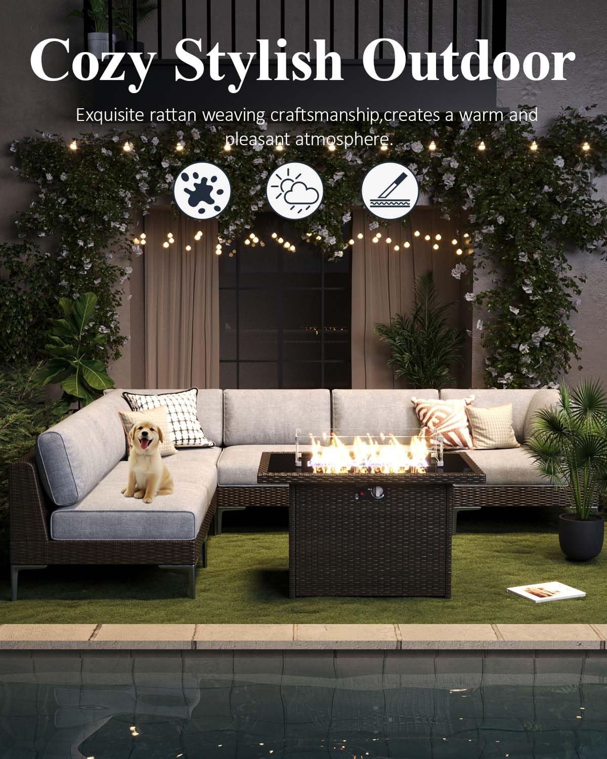 LayinSun 11-Piece Outdoor Modular Wicker Sectional Sofa with Fire Pit Table, Patio Furniture Conversation Set with Deep Seating and Thick Cushions