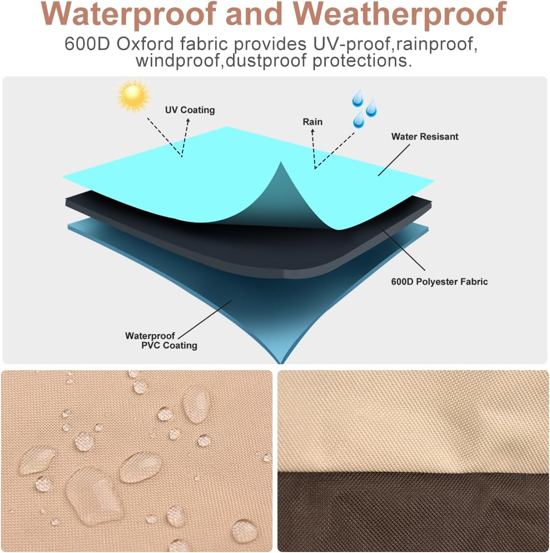 Vailge Patio Heater Covers with Zipper and Storage Bag,Heavy Duty 600D Oxford Waterproof Outdoor Heater Cover Wind-Resistant Dustproof UV-Resistant,Beige & Brown,89'' Height x 33" Dome x 19" Base